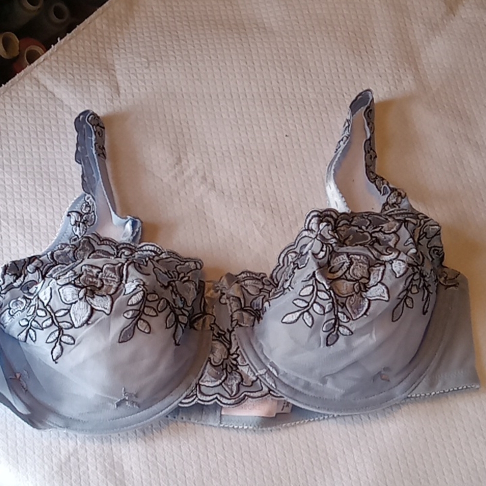 Victoria's Secret Vtg Bra  Blue mesh , adjustable straps,blue, blk embroidery